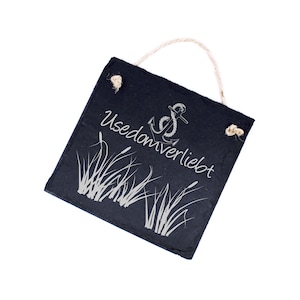 Shield Usedomverliebt - Motif Anchor Reeds - made of slate - 11 x 11 cm - Decorative sign Door sign Wall decoration Gift Baltic Sea Souvenir Holiday Love