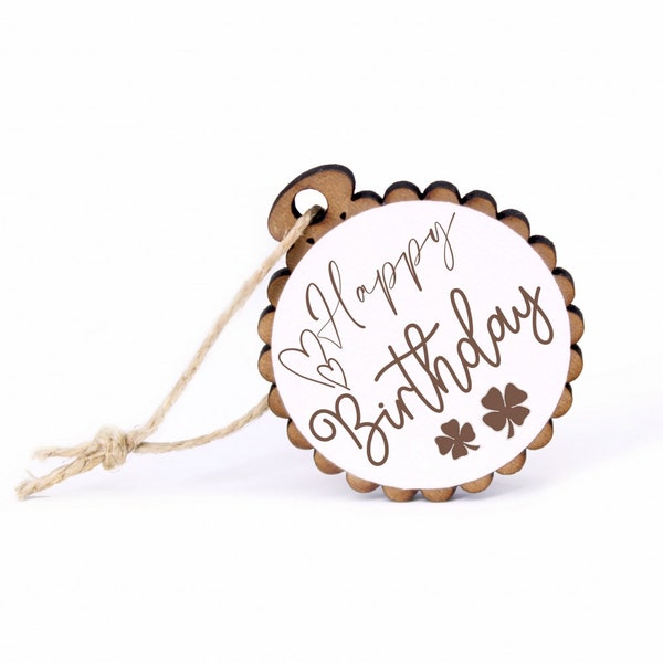 Anhänger Happy Birthday - Geschenkanhänger Kleeblatt Herz Motiv Ø 5 cm - Geschenk Geburtstag Herzlichen Glückwunsch