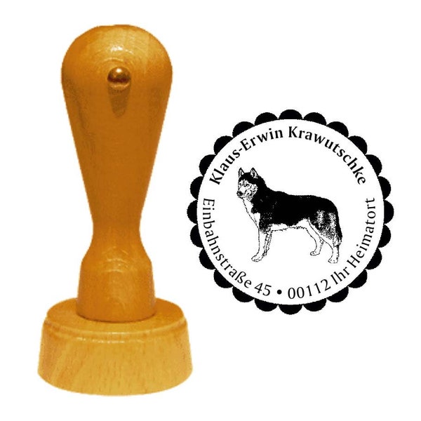 Adressstempel Hund « SIBERIAN HUSKY 01 » mit persönlicher Anschrift und Motiv - Stempel Name Holzstempel Hunderasse Schlittenhund Eskimo