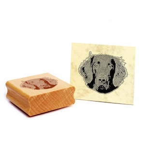 Könnte beinhalten: Ein Holz-Stempel mit einer Schwarzweiß-Illustration eines Hundekopfes. Der Stempel befindet sich auf einer weißen Oberfläche neben einem gedruckten Bild desselben Hundes.