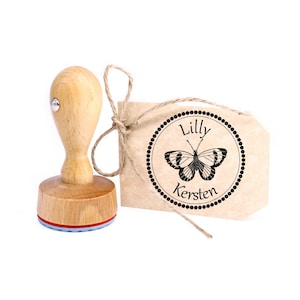 Timbro per bambini farfalla – timbro in legno con nome personale Ø 24 mm – timbro con nome motivo timbro insegnante timbro insegnante scuola per bambini