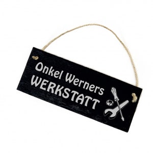 Slate board Uncle Workshop + NAME - sign open daily - 22 x 8 cm - workshop sign personalized - decorative door sign door decoration gift