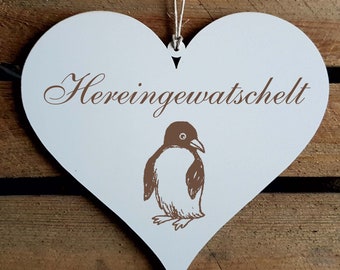 Signer le cœur « HEREINGEWATSCHELT » motif Penguin porte paille coeur plaque de signalisation suspendus décoration plaque bienvenue au pôle Sud d’oiseaux de mer