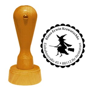 Address stamp « flying WITCH on BROOM » with personal address and motif - stamp wooden stamp name Walpurgis Night resin magic spell