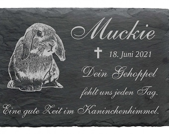 Zwergkaninchen Tiergrabstein mit Name & Datum - Schiefer Grabstein - Gedenktafel mit Gravur - 22 x 16cm - Beerdigung Kaninchen Haustier Hase