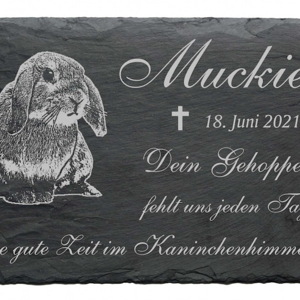 Zwergkaninchen Tiergrabstein mit Name & Datum - Schiefer Grabstein - Gedenktafel mit Gravur - 22 x 16cm - Beerdigung Kaninchen Haustier Hase