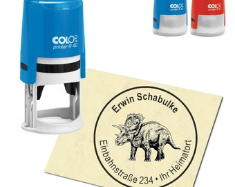 Stamp Address stamp personalized - Dinosaur Trizeratops - round ∅ 40 mm