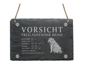 Schiefertafel « SHAR-PEI - Vorsicht – freilaufender Hund » Schild Türschild Hund Faltenhund Garten Hundeschild Warnung Humor Hundezubehör