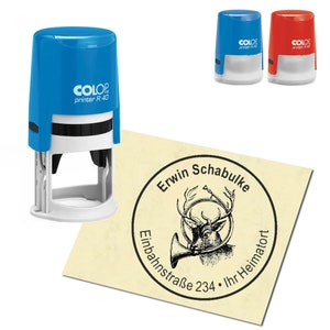 Stempel adresowy personalizowany - jeleń z waltornią - okrągły ∅ 40 mm