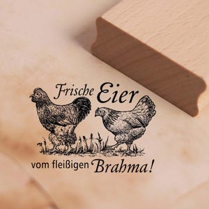 Sello con motivo Huevos frescos del trabajador Brahma - Sello de madera con pollo 68 x 48 mm - Scrapbooking, casa de campo, granja, tienda de pollos