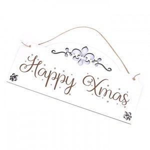 Sign Happy Xmas - Snowflakes Door Sign with Ornaments 28 x 13 cm - Christmas Decoration Vintage Shabby - Gift Merry Christmas Christmas