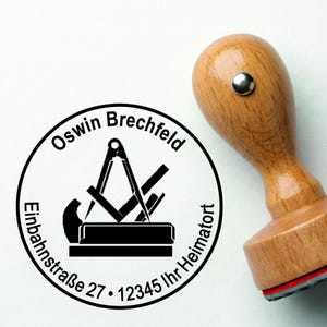 Personalisierter Adressstempel 40 mm Tischlerei – Holzstempel für Tischler & Schreiner – Firmenstempel mit Motiv – rund