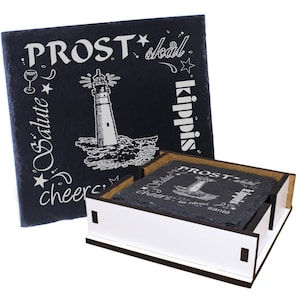 5 x Slate Coaster - Cheers Lighthouse - incl. Wooden Box & Bottle Coaster - Gift Birthday Christmas Maritime Baltic Sea North Sea North Sea