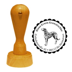 Address stamp dog «IRISCHER WOLFSHUND» with personal address and motif-stamp name wooden stamp Irish Wolfhound Ireland