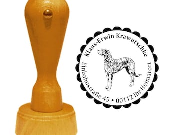 Address stamp dog «IRISCHER WOLFSHUND» with personal address and motif-stamp name wooden stamp Irish Wolfhound Ireland