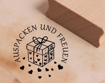 Motief Stempel Uitpakken en verheugen Postzegel Gift Harten 38 x 38 mm - Houten Stempel Scrapbooking Embosing - Kerst Verjaardag Liefdescadeau