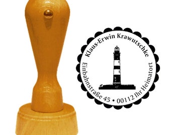 Address stamp «LEUCHTTURM INSEL AMRUM» with personal address and motif-stamp name North Sea landmark tourist dune