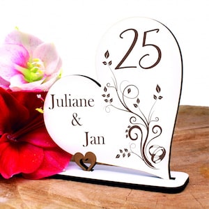Silver wedding decoration heart wedding anniversary 25 years anniversary personalized names - wooden stand 15 x 15 cm - gift silver wedding marriage