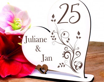 Decoración bodas de plata corazón aniversario de bodas 25 años aniversario nombres personalizados - soporte de madera 15 x 15 cm - regalo bodas de plata matrimonio