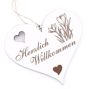 Welcome sign - two crocus - decoration heart wood - door sign 13 x 12 cm - heart shield door decoration family house entrance decoration spring