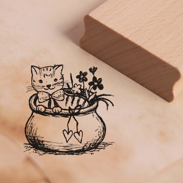 Timbre chat dans le panier - timbre env. 38 x 38 mm - Scrapbooking en bois - Temple des chats cadeaux Pot de fleurs Coeurs Chats Amour Chat