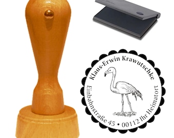 Adressstempel « SCHÖNER FLAMINGO » inkl. Stempelkissen mit persönlicher Anschrift und Motiv - Stempel Holzstempel Name Adresse rosa Vogel