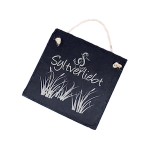 Shield Syltverliebt - Motif Anchor Reeds - made of slate - 11 x 11 cm - Decorative sign Door sign Wall decoration Gift North Sea Souvenir Holiday Love