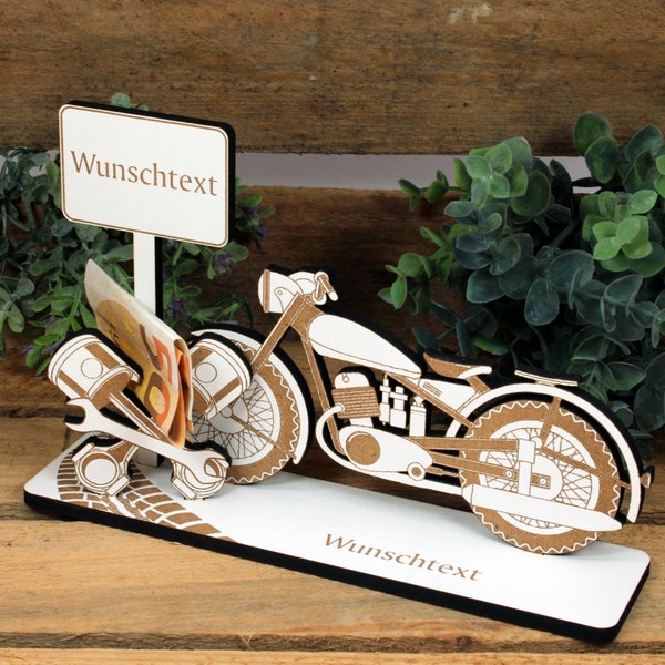 Geldgeschenk Motorrad Oldtimer - inkl. Wunschtext Name - Schild für Geld Gutschein Gutscheingeschenk Motorradfahrer Biker Oldschool Vintage