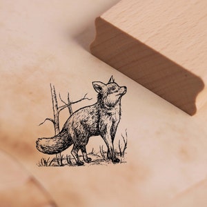 Timbre à motif petit renard levant - timbre en bois 48 x 48 mm - estampage artisanat scrapbooking gaufrage école maternelle