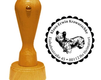 Dirección sello perro 'SKYE TERRIER» con dirección personal y motivo - nombre del sello de madera sello perro raza escocia isla de caza perro
