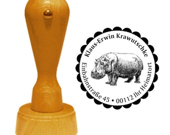 Adressstempel « NILPFERD » mit persönlicher Anschrift und Motiv - Stempel Holzstempel Name Tier Zoo Tierpark hippo Safari Afrika Flusspferd