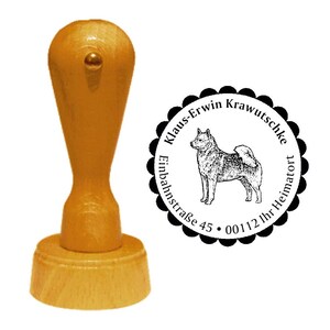 Address stamp dog «FINNISCHER SPITZ» with personal address and motif-stamp name wooden stamp Finnish Spitz hunting dog