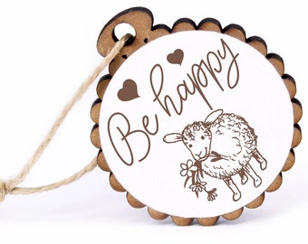 Pendentif Cadeau - Be Happy Sheep with Flower - Bois Ø-5 cm - avec Ruban de Jute - Pendentif Signe Porte-Bonheur Porte-Clés En Bois Décoration