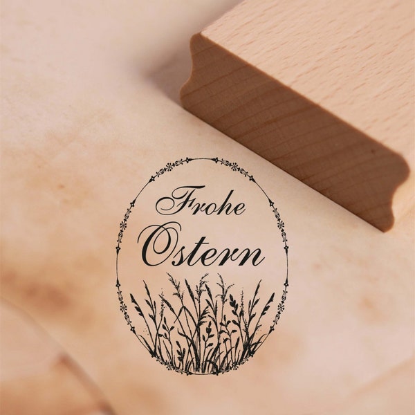 Motivstempel Frohe Ostern - Osterei mit Gräsern Stempel 38 x 48 mm - Holzstempel Scrapbooking Embossing Osterstempel Ostergeschenk Frühling