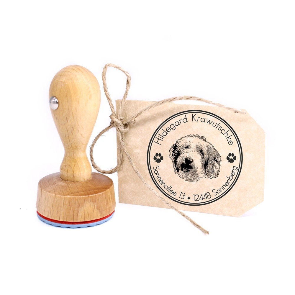 Stamp personalized Bobtail dog round 40 mm address stamp wooden stamp - name address address stamp name stamp motif stamp