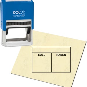 May include: A blue and white self-inking stamp with the text "COLOP printer 55" on the top. The stamp is designed to create a table with the words "SOLL" and "HABEN" as column headers.