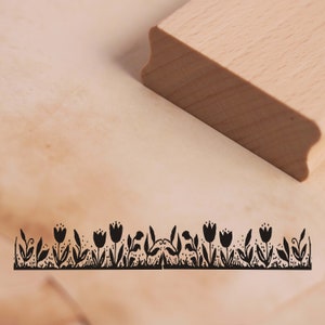 Sello Tulipanes Borde • Aprox. 98 x 17 mm • Sello de motivo de madera Scrapbooking • Tarjetas de decoración Cartas Papelería • Flores Primavera