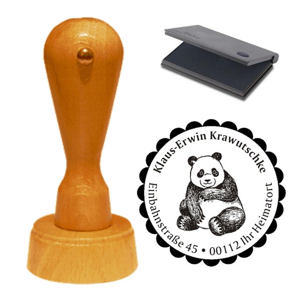 Adressstempel « SÜßER PANDA » inkl. Stempelkissen mit persönlicher Anschrift und Motiv - Stempel Holzstempel Name Adresse Pandas Tiere China