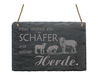 Schiefertafel « Hier Wohnt Ein Schäfer mit seiner Herde » Spruch Familie Schafe Eingang Türschild