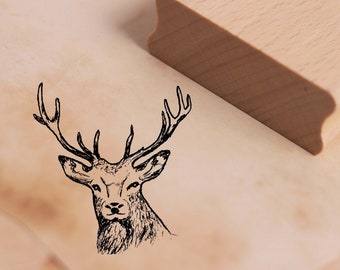 Motif Stamp Deer Head Stamp 45 x 48 mm - Wooden Stamp Scrapbooking Embossing Animal Stamp - Gift Forester Hunter Forest Waidmann Deer