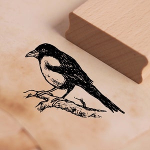 Timbre motif pie sur branche - timbre oiseau timbre en bois 38 x 28 mm - scrapbooking gaufrage artisanat estampage cadeau oiseaux nature jardin