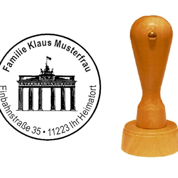 Stempel houten stempel « BRANDENBURGER TOR BERLIN » met naam en adres Ø 35 mm