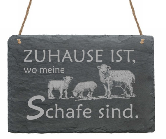 Schiefertafel Mit Spruch 'Zuhause Ist, Wo Meine Schafe Sind' – 22x16cm, Wetterfeste Lasergravur, Mit Juteband