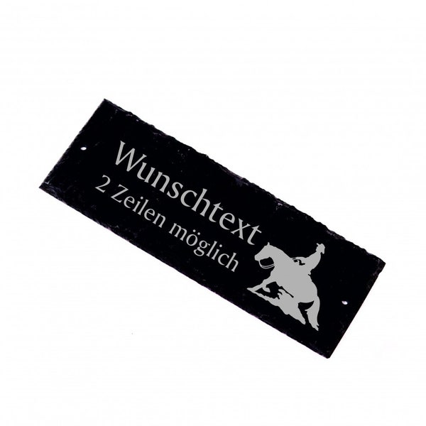 Westernreiten Schild Schiefer Gravur mit Wunschtext Türschild Klingelschild Stallschild - 22 x 8 cm - Pferdestall Schild Cowboy Ranger Stall