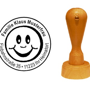 Timbro in legno « SMILEY » con nome e indirizzo Ø 35 mm - timbro motivo bambini insegnante scuola materna Smily sorriso felice