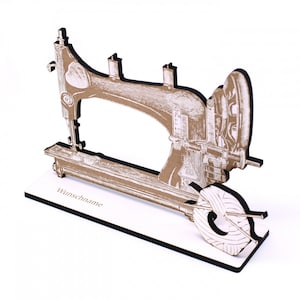 Geldgeschenk Vintage Nähmaschine mit Wollknäuel - inkl. Wunschname - Schild Geld Gutschein - Geschenk Handarbeit Nähen Stricken Schneidern