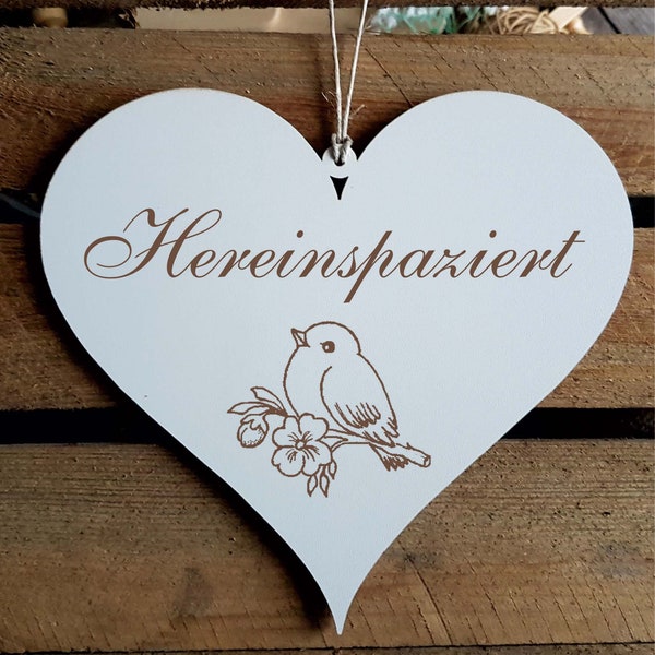 Shield HEART « WALK IN » Motif SPATZ Door Sign Decoration Sign Heart Shield Hanging Shield Decoration Welcome In Bird Songbird Spring