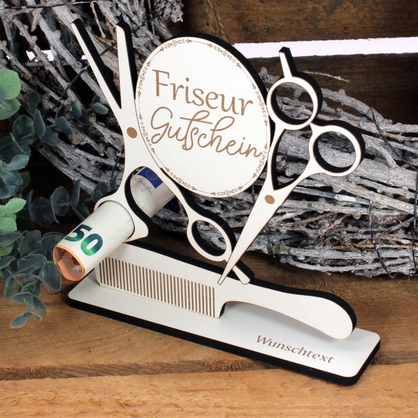 Geldgeschenk Friseur Friseurgutschein - inkl. Wunschtext / Name - Kamm Schere Schild für Geld Gutschein Frisör Gutscheingeschenk - 16x16 cm