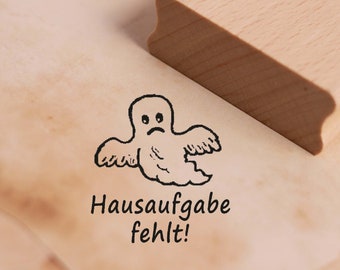 Sello de tarea faltante - Motivo fantasma aprox. 28 x 28 mm - Sello de profesor, sello de madera, sello con motivo - Escuela, guardería, niños, profesor, grado