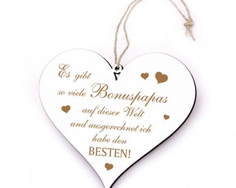 Stepdaddy Shield Heart - J’ai le meilleur papa bonus - beau-père enseigne en bois 13 x 12 cm - enseigne de porte signe décoratif coeur bouclier cadeau